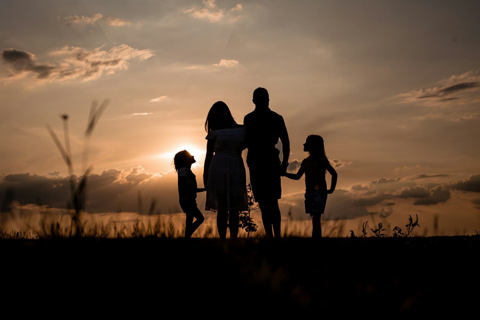 Família em silhueta, de mãos dadas, em um campo ao fim da tarde